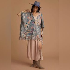 Anthropologie Kimono Sweater Chunky Knit Paisley Fringe One Size Gray Motif